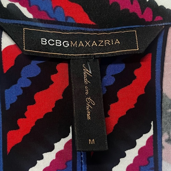BCBGMaxAzria Brushstroke Red and Blue Dress Stretch Waist Tie V Neckline Medium - Picture 2 of 12